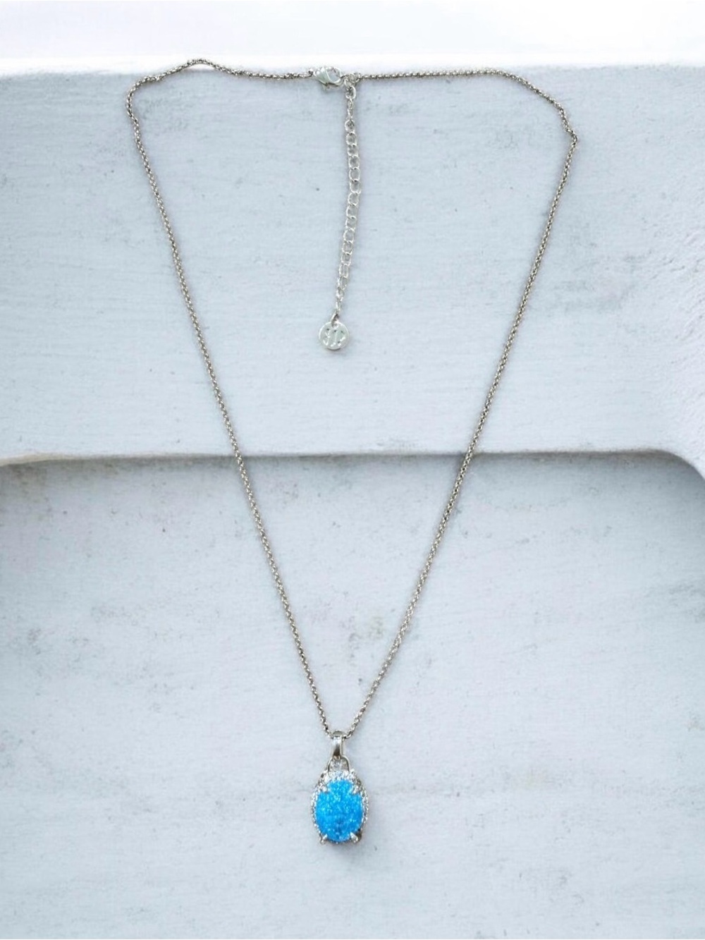 Silver Necklace with Bright Blue Druzy Teardrop Pendant
